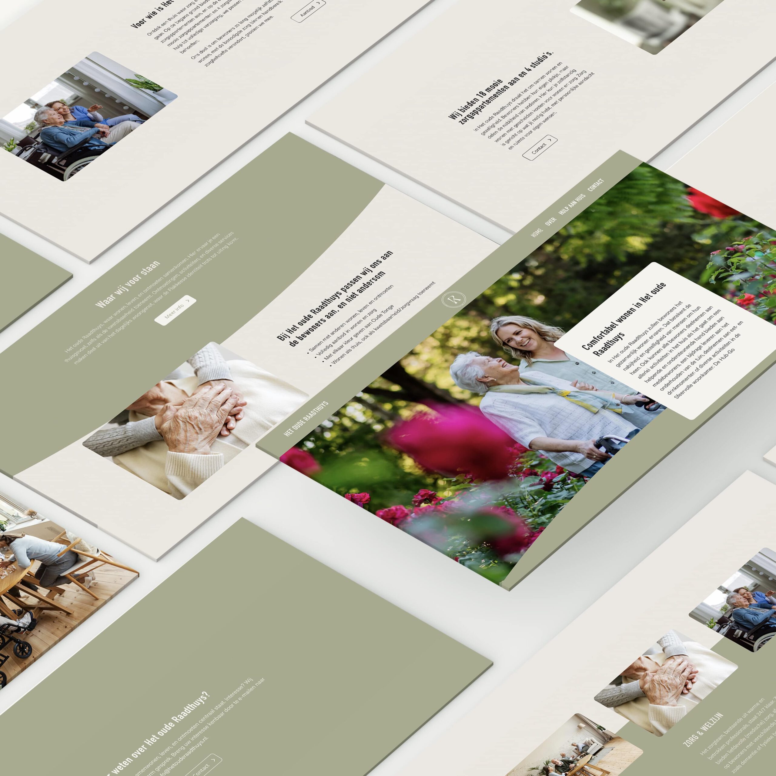 Een tweede mock-up van de website van Het oude Raadthuys met een beige en groen design.